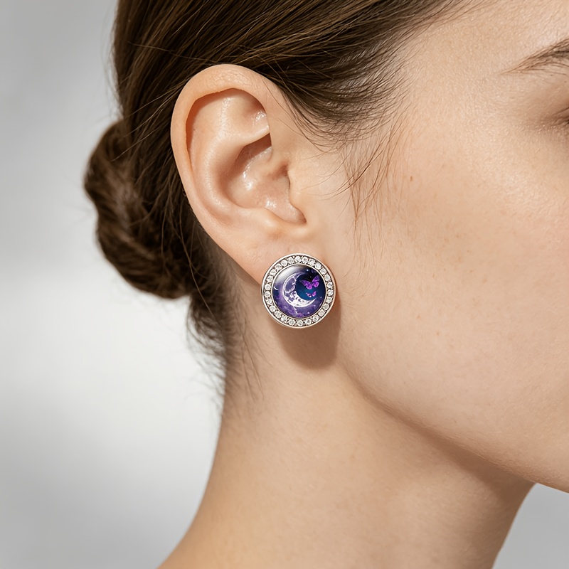 2pcs Purple Butterfly Crescent Glass Stud Earrings Set